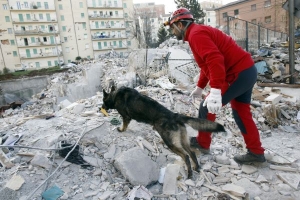 Španělský záchranář se psem pátrají v sutinách.